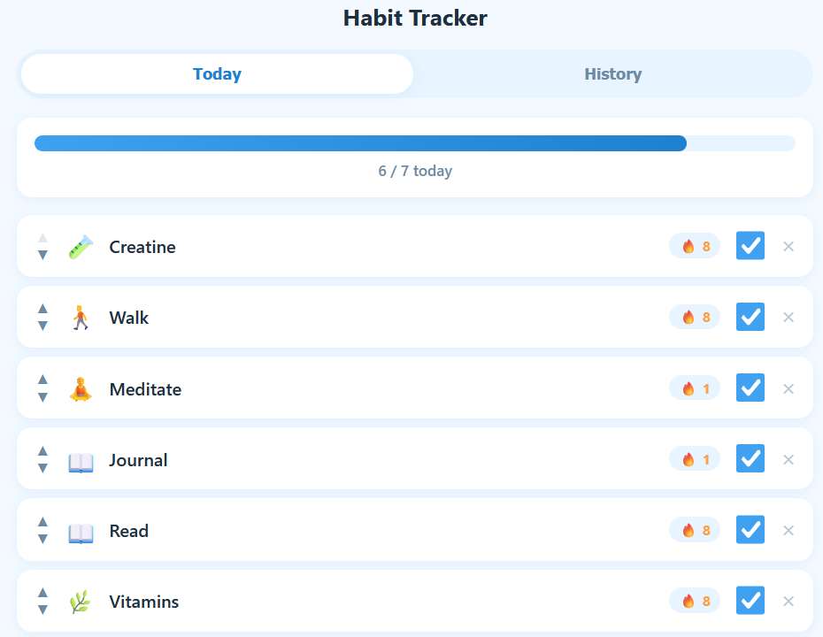 Habit Tracker Today tab showing a progress bar, streak counts, and up/down arrows to reorder each habit