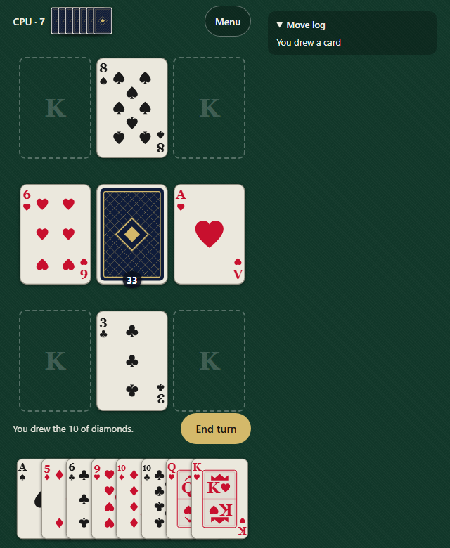 Kings Corner on a desktop browser, with the same board plus a move log on the right