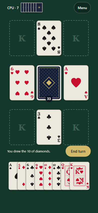 Kings Corner on a phone: eight pile slots around a central draw pile, the computer's seven cards across the top, and the player's hand along the bottom