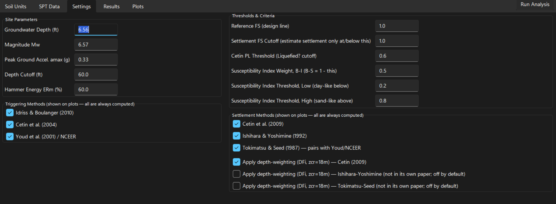 SPT Liquefaction Settings tab in a dark theme, showing site parameters such as groundwater depth and magnitude, thresholds, and checkboxes for the three triggering methods and three settlement methods