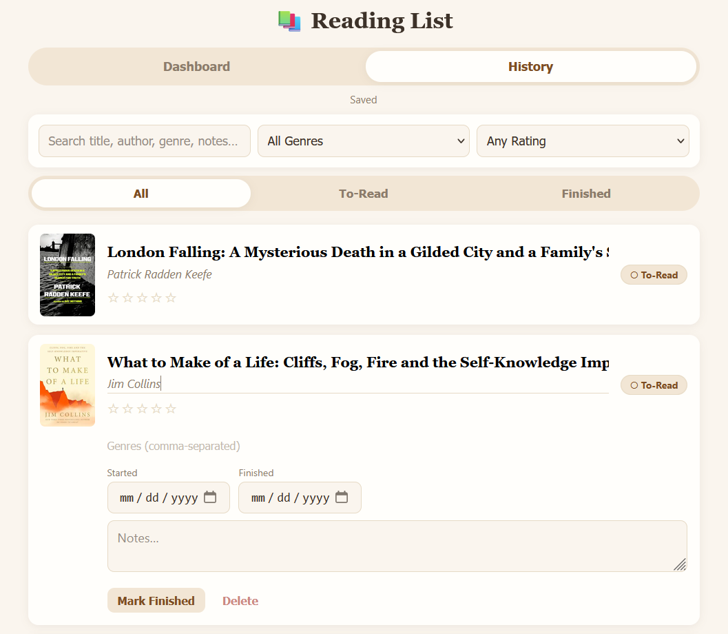A book row expanded in place to show genres, start and finish dates, and notes