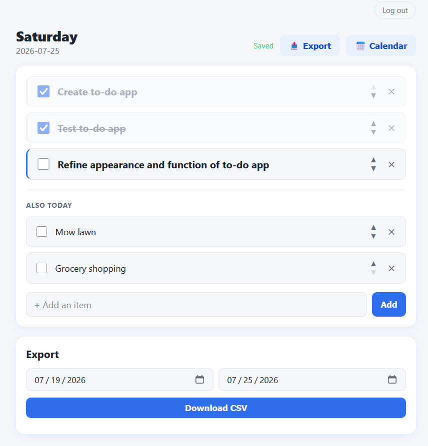 Daily To-Do app with the Export card open, showing start and end date pickers and a Download CSV button